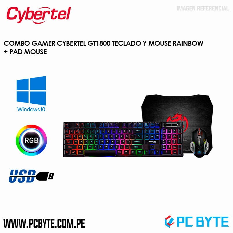 COMBO GAMER CYBERTEL XTREME GT1800 TECLADO Y MOUSE RAINBOW + PAD MOUSE
