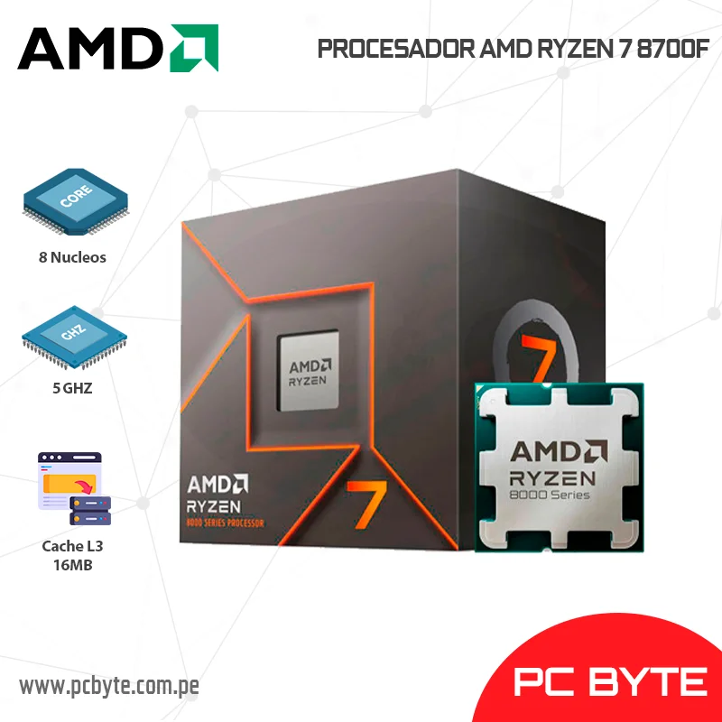 PROCESADOR AMD RYZEN 7 8700F 4.10GHZ/5.0GHZ 16MB 8 CORE AM5 BOX (PN:100-100001590BOX)