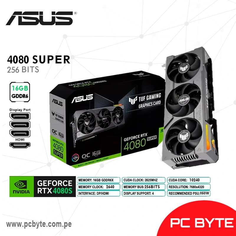 TARJETA DE VIDEO ASUS GEFORCE RTX 4080 SUPER 16GB GDDR6X 256BITS TUF GAMING OC (PN:90YV0KA0-MVAA00)