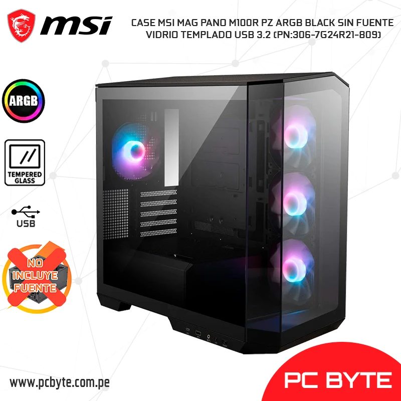 CASE MSI MAG PANO M100R PZ ARGB BLACK SIN FUENTE VIDRIO TEMPLADO USB 3.2 (PN306-7G24R21-809)