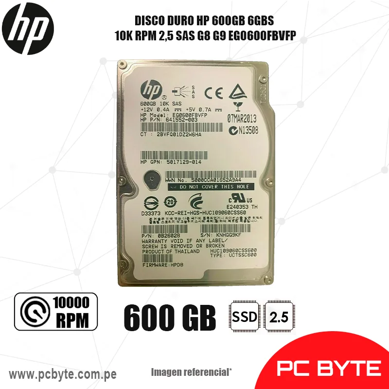 DISCO DURO HP 600GB 6GBS 10K RPM 2,5 SAS G8 G9 EG0600FBVFP