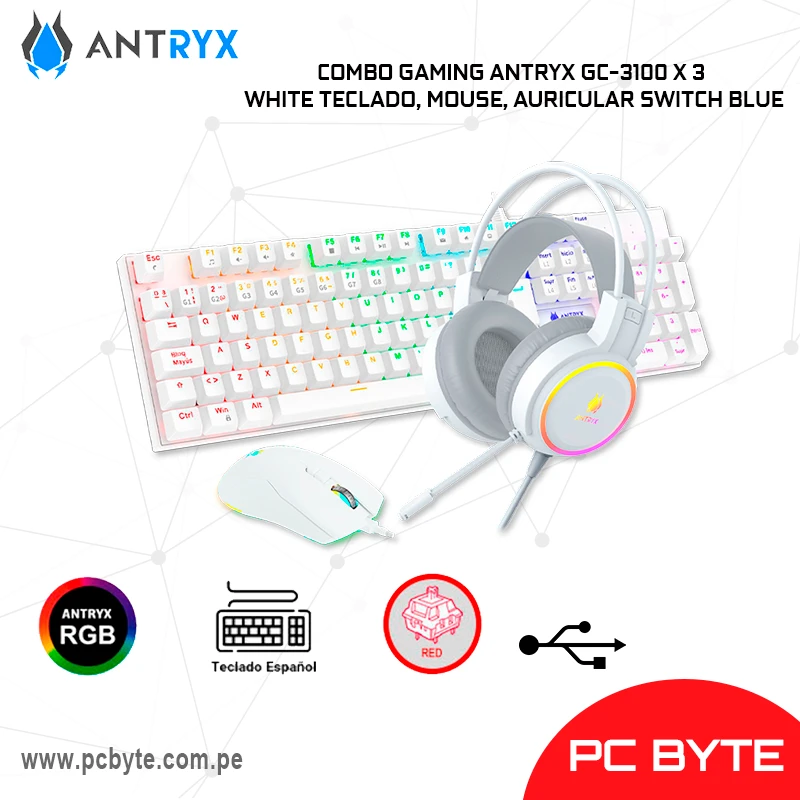 COMBO GAMING ANTRYX GC-3100 X 3 WHITE TECLADO, MOUSE, AURICULAR SWITCH BLUE