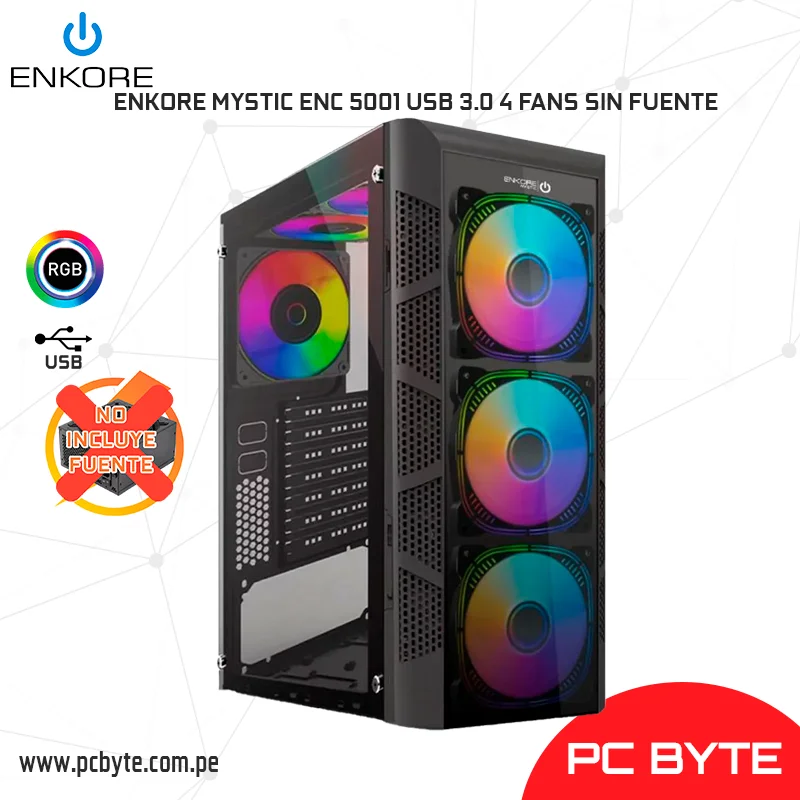 CASE GAMER ENKORE MYSTIC ENC 5001 USB 3.0 4 FANS SIN FUENTE