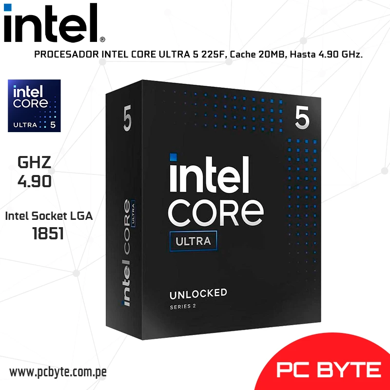 PROCESADOR INTEL CORE ULTRA 5 225F, Cache 20MB, Hasta 4.90 GHz.