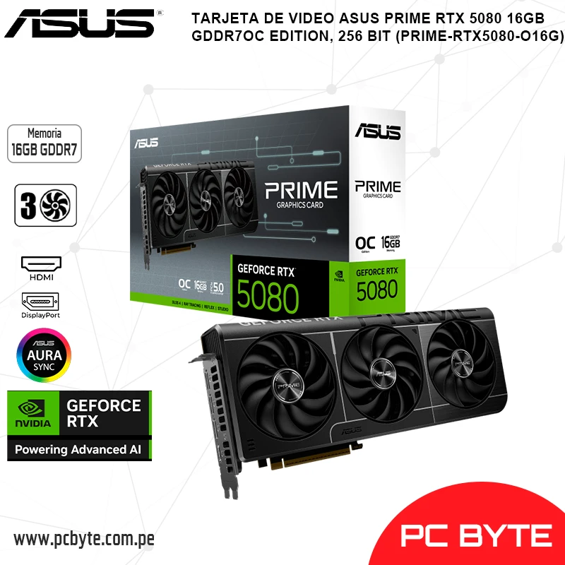 TARJETA DE VIDEO ASUS PRIME RTX 5080 16GB GDDR7 OC EDITION, 256 BIT (PRIME-RTX5080-O16G)