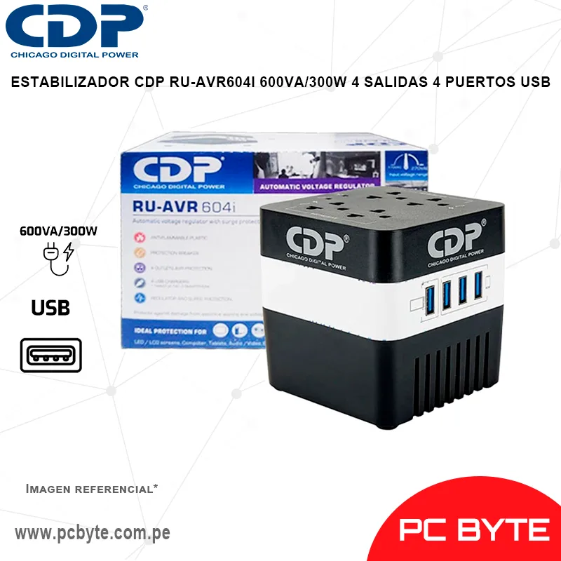 ESTABILIZADOR CDP RU-AVR604I 600VA300W 4 SALIDAS 4 PUERTOS USB