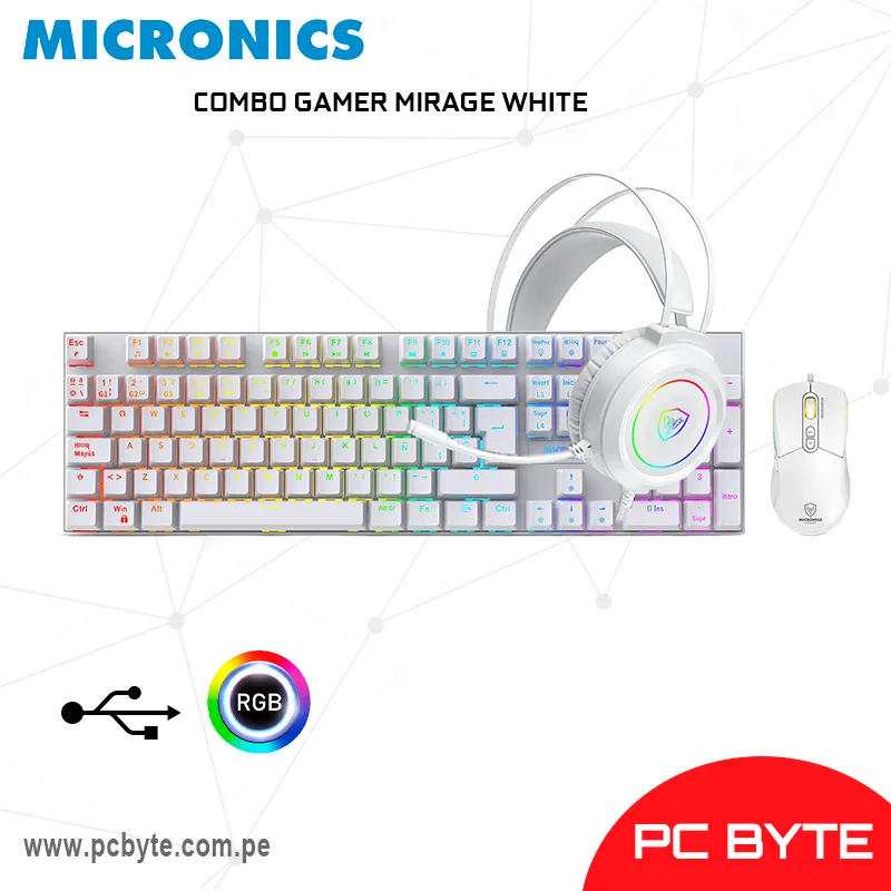 COMBO GAMER MIRAGE WHITE TECLADO+ MOUSE + AURICULAR - MIC GTX 2003 3KW