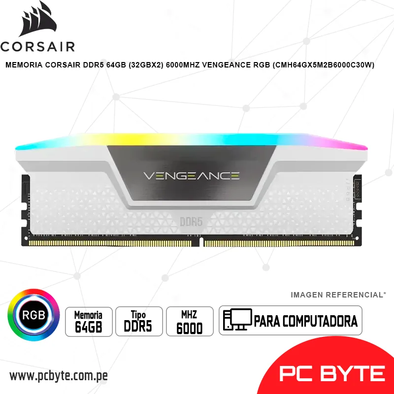 MEMORIA CORSAIR DDR5 64GB (32GBX2) 6000MHZ VENGEANCE RGB (CMH64GX5M2B6000C30W)