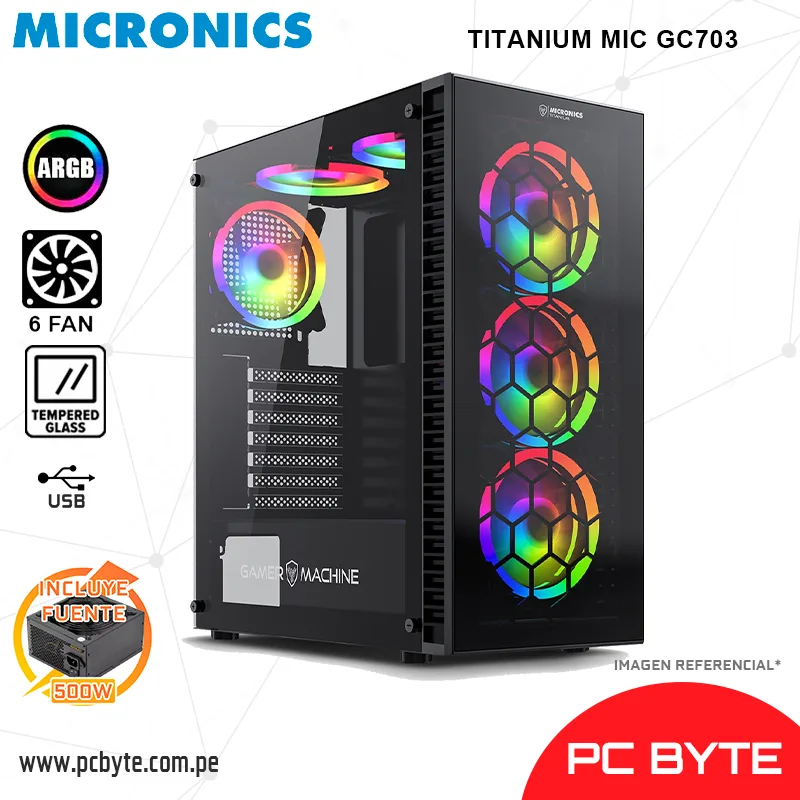 CASE MICRONICS TITANIUM MIC GC703 6 FAN ARGB + FUENTE 500W 80 PLUS BRONCE