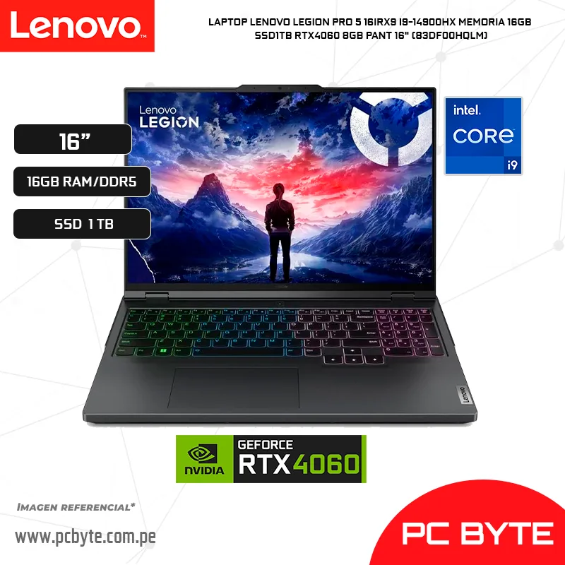 LAPTOP LENOVO LEGION PRO 5 16IRX9 I9-14900HX MEMORIA 16GB SSD1TB RTX4060 8GB PANT 16 (83DF00HQLM)