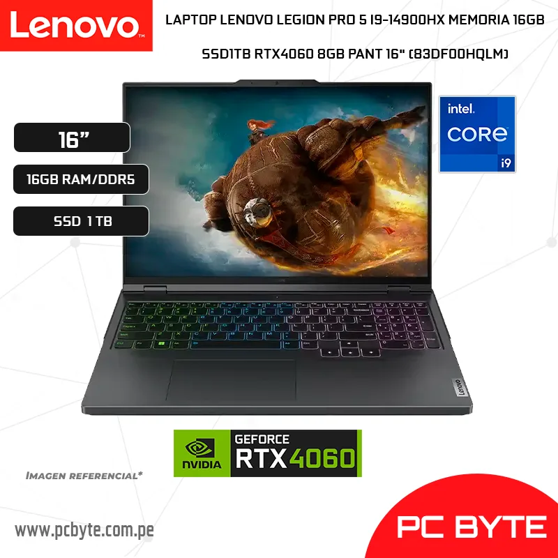 LAPTOP LENOVO LEGION PRO 5 I9-14900HX MEMORIA 16GB SSD1TB RTX4060 8GB PANT 16 (83DF00HQLM)