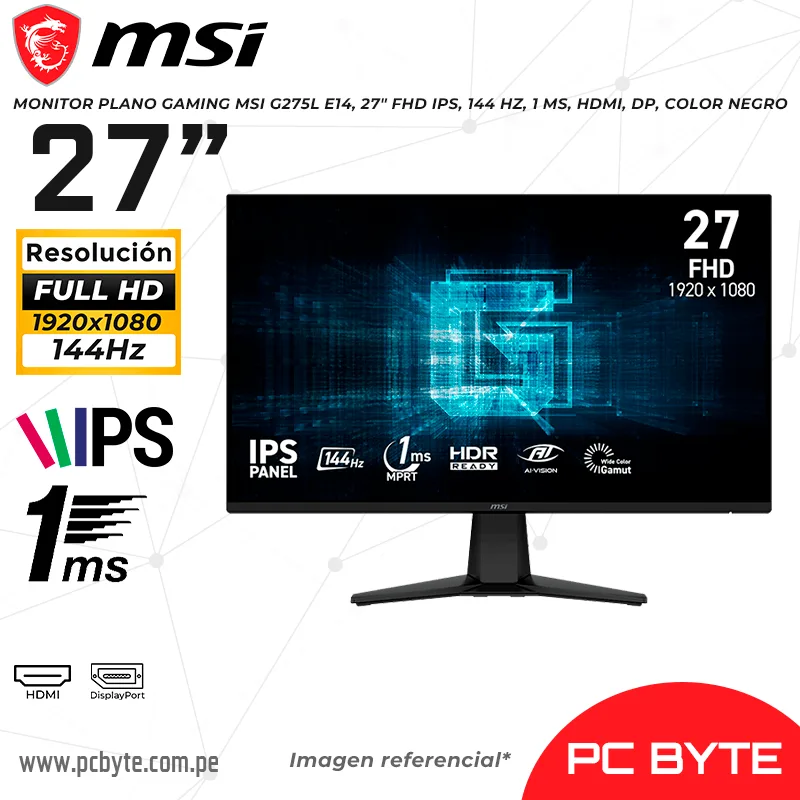 MONITOR PLANO GAMING MSI G275L E14, 27 FHD IPS, 144 HZ, 1 MS, HDMI, DP, COLOR NEGRO