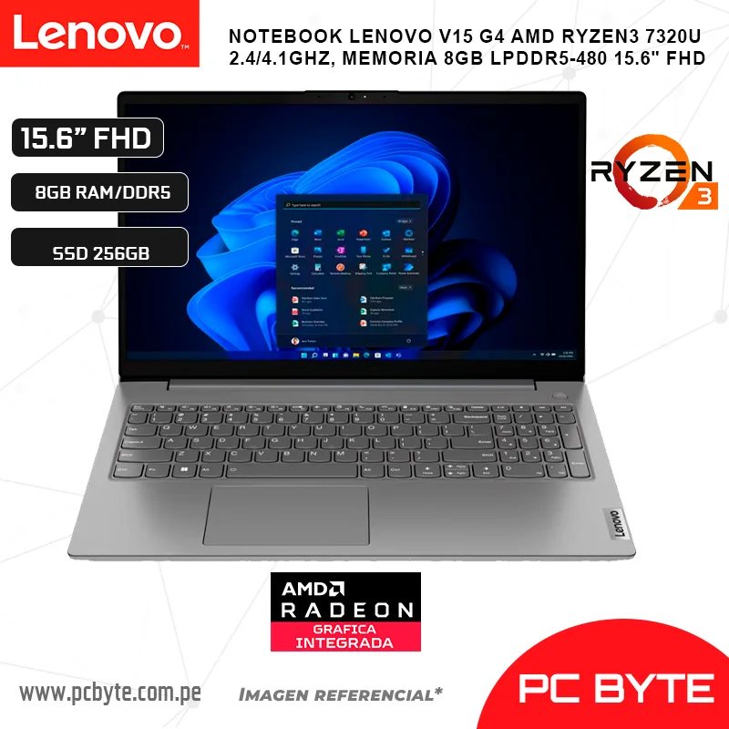 NOTEBOOK LENOVO V15 G4 AMD RYZEN3 7320U 2.44.1GHZ, MEMORIA 8GB LPDDR5-480 15.6 FHD