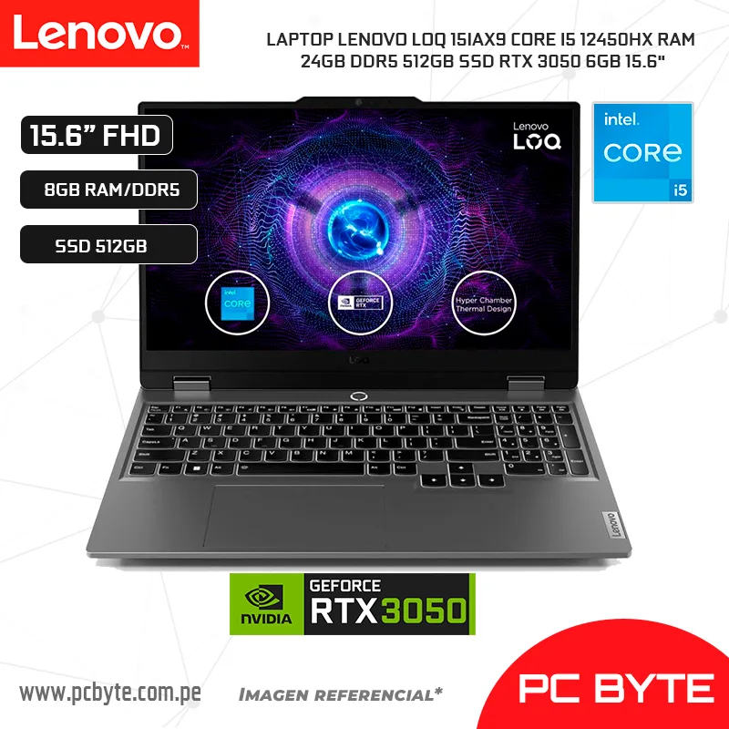 LAPTOP LENOVO LOQ 15IAX9 CORE I5 12450HX RAM 24GB DDR5 512GB SSD RTX 3050 6GB 15.6