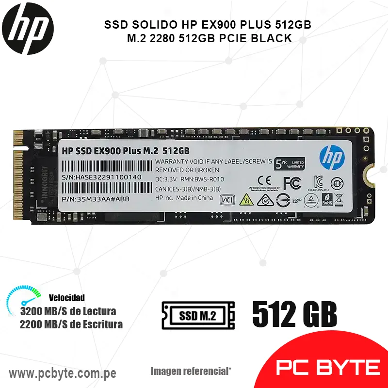 SSD SOLIDO HP EX900 PLUS 512GB M.2 2280 512GB PCIE BLACK