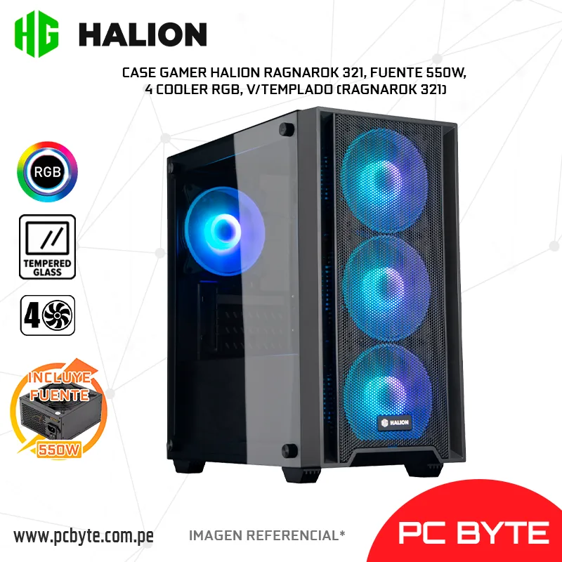 CASE GAMER HALION RAGNAROK 321, FUENTE 550W, 4 COOLER RGB, VTEMPLADO (RAGNAROK 321)