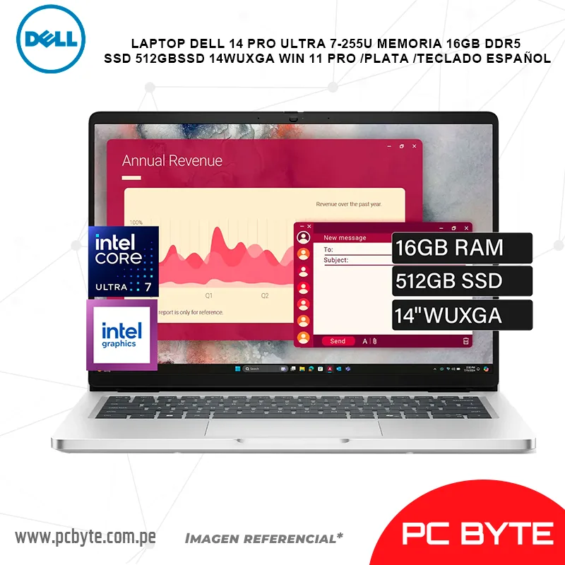 LAPTOP DELL 14 PRO ULTRA 7-255U MEMORIA 16GB DDR5 SSD 512GBSSD 14WUXGA WIN 11 PRO PLATA TECLADO ESPAÑOL