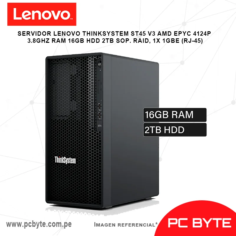 SERVIDOR LENOVO THINKSYSTEM ST45 V3 AMD EPYC 4124P 3.8GHZ RAM 16GB HDD 2TB SOP. RAID, 1X 1GBE (RJ-45)