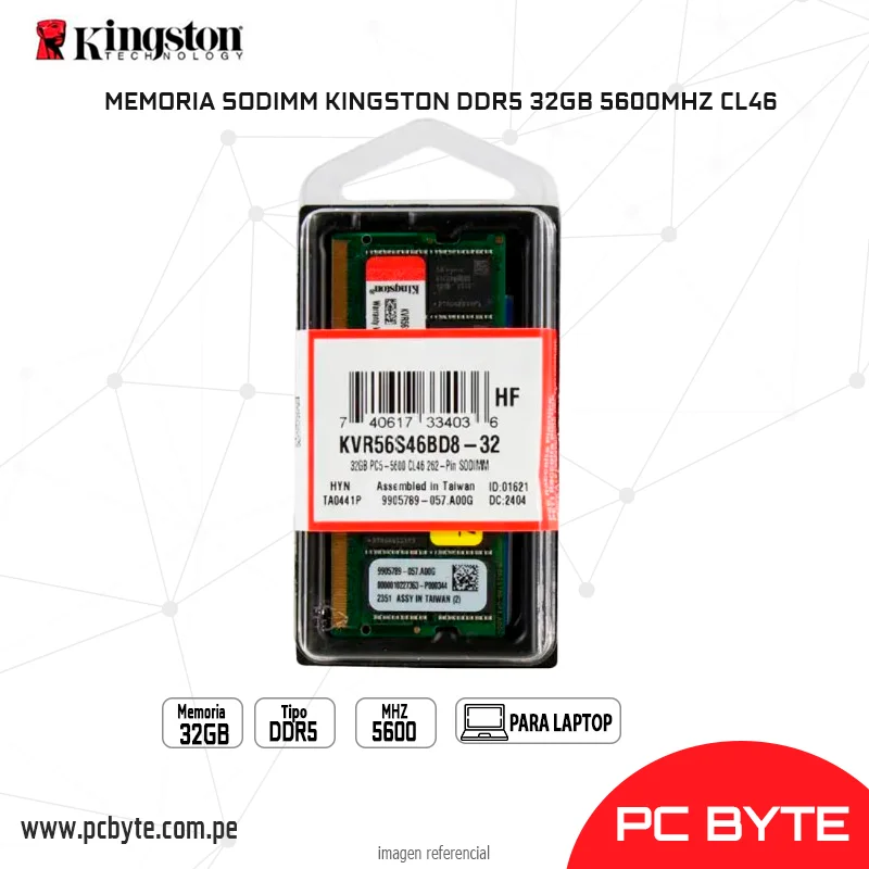 MEMORIA SODIMM KINGSTON DDR5 32GB 5600MHZ CL46 KVR56S46BD8-32